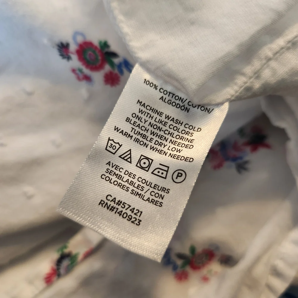 LOFT Womens Size Medium White Blouse with Floral Embroidery And Split Vee Neck